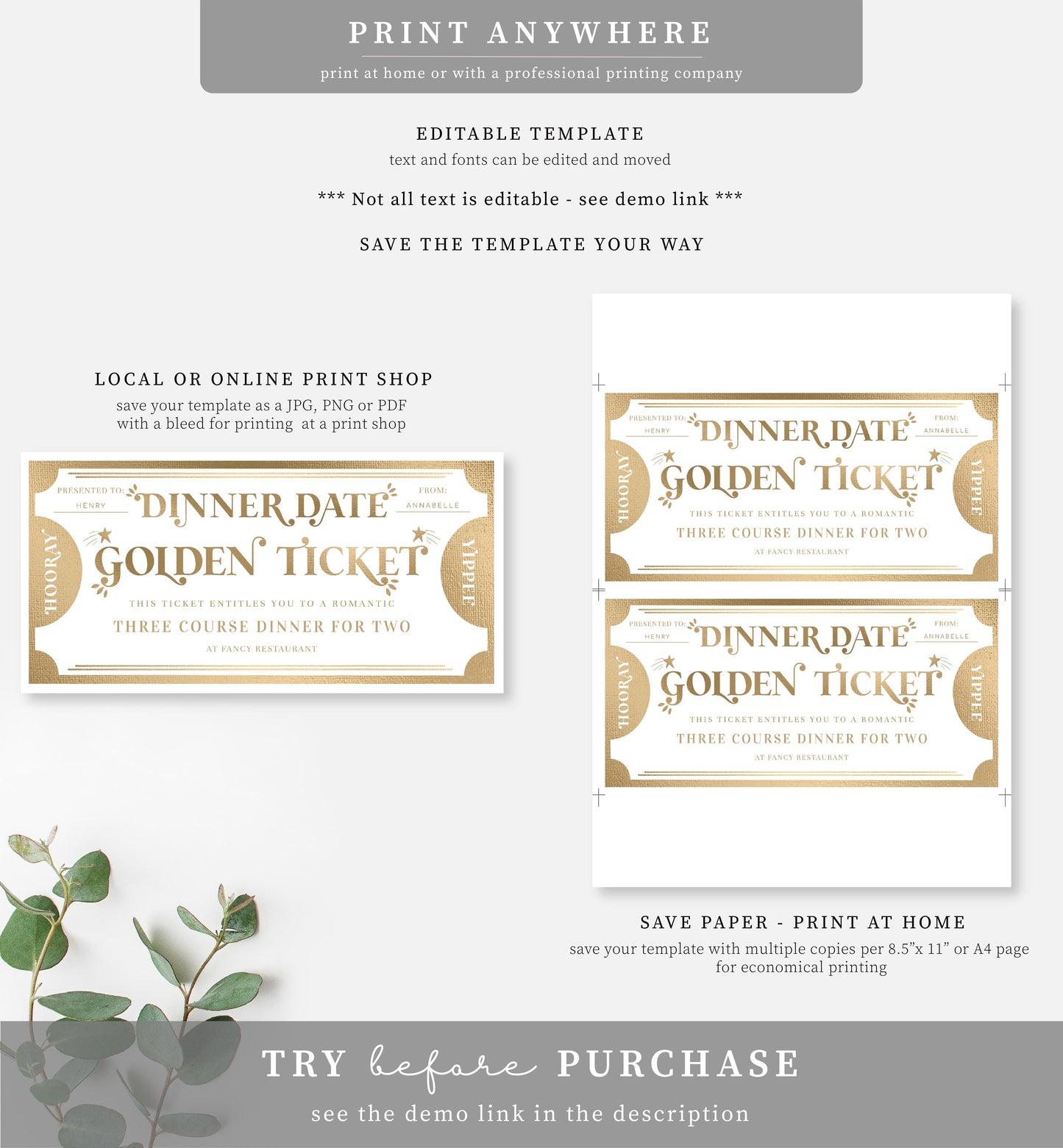 Golden Ticket Gold | Printable Dinner Date Custom Gift Voucher Template
