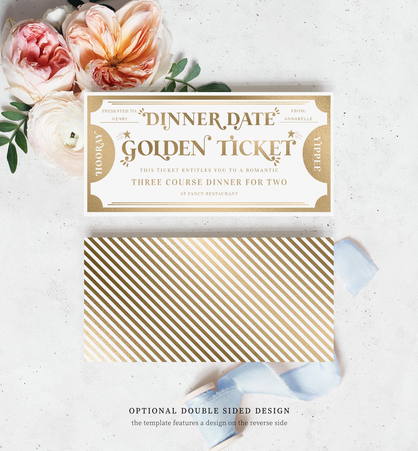 Golden Ticket Gold | Printable Dinner Date Custom Gift Voucher Template