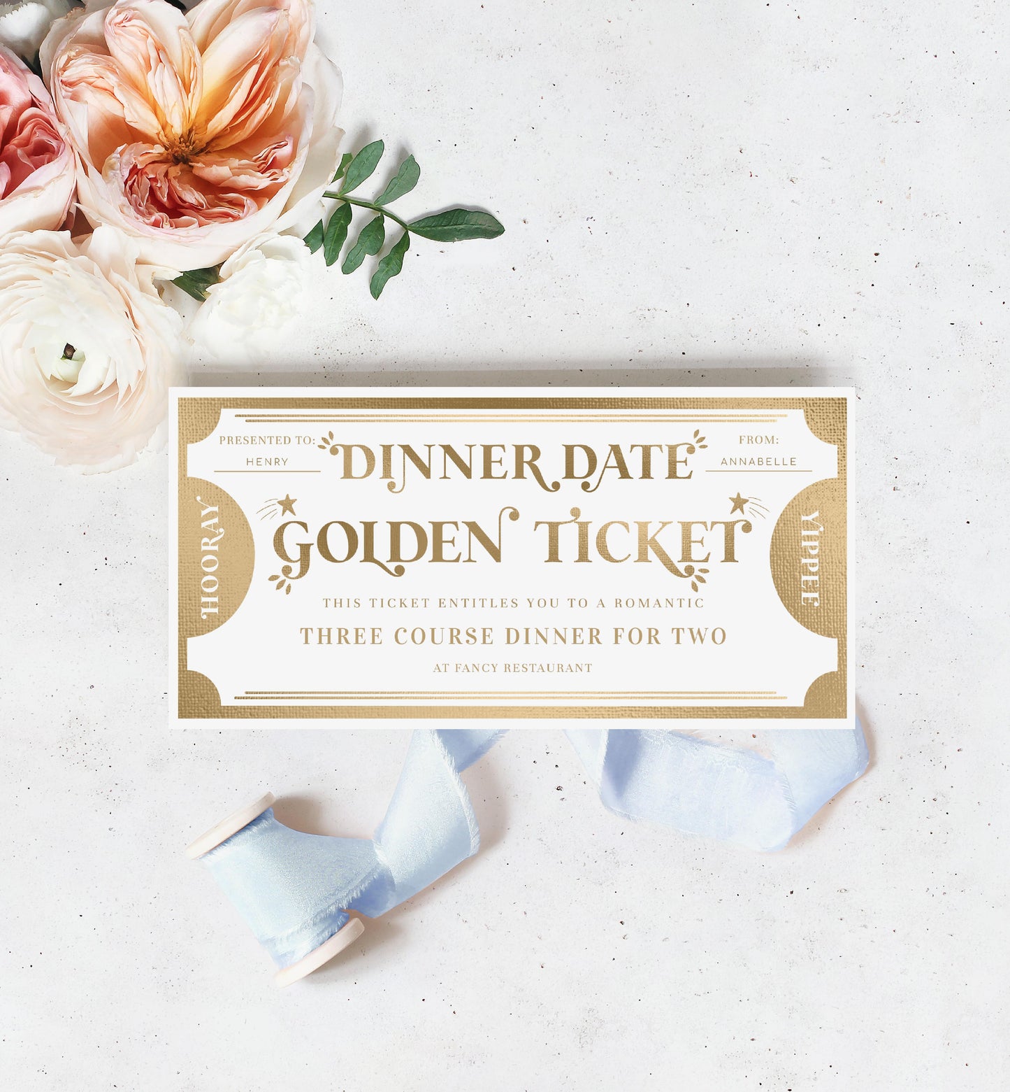 Golden Ticket Gold | Printable Dinner Date Custom Gift Voucher Template