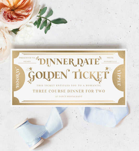 Golden Ticket Gold | Printable Dinner Date Custom Gift Voucher Template