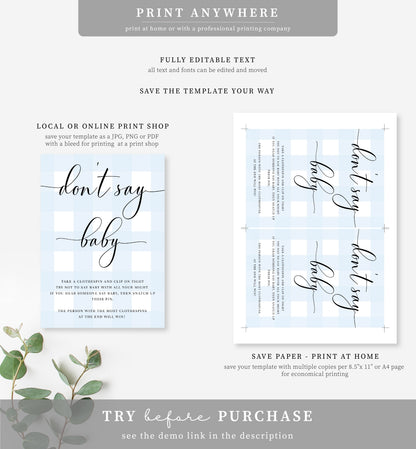 Gingham Blue | Printable Don't Say Baby Game Sign Template