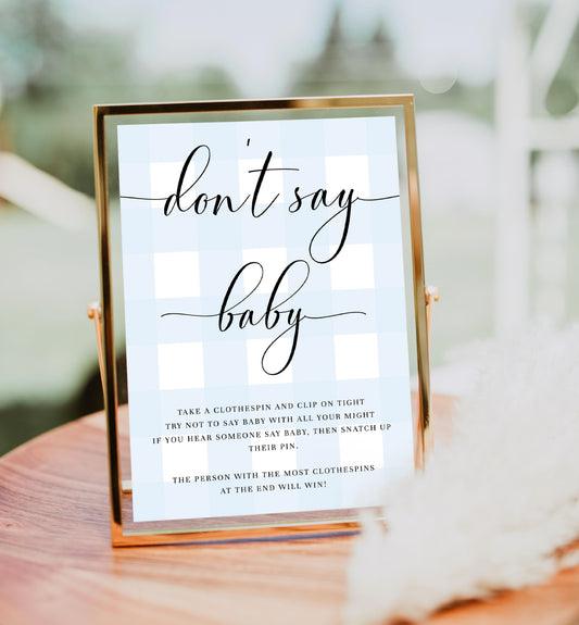 Gingham Blue | Printable Don't Say Baby Game Sign Template