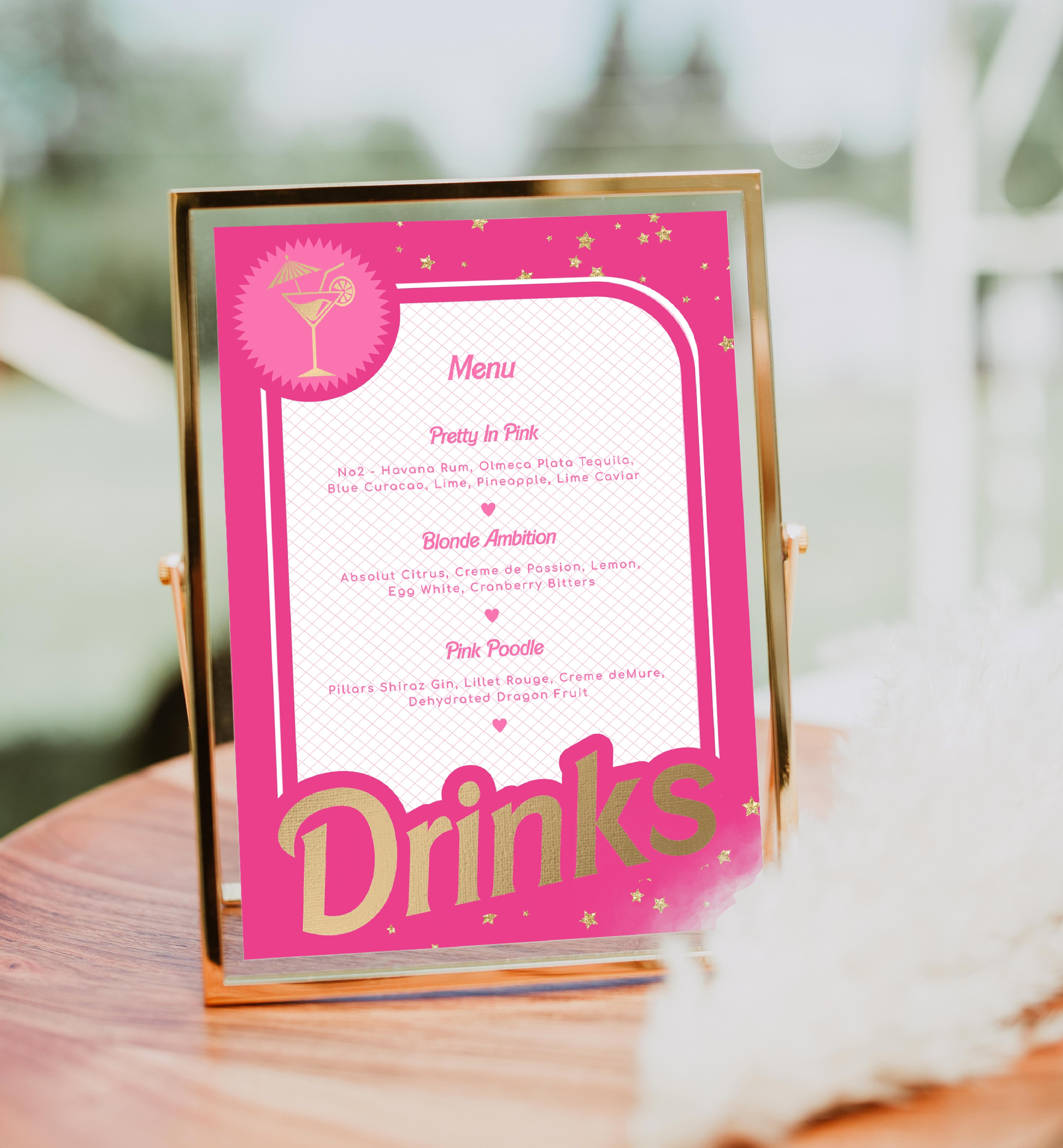 pink & beige catering logo | light pink barbie logo,... Barbie Party Hot Pink Gold | Printable Bar Menu Sign Template – Black ...