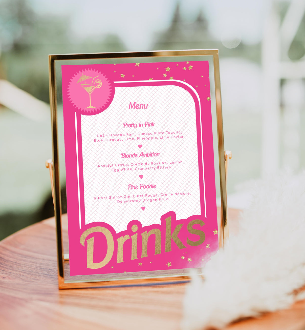 Barbie Party Hot Pink Gold Printable Bar Menu Sign Template Black