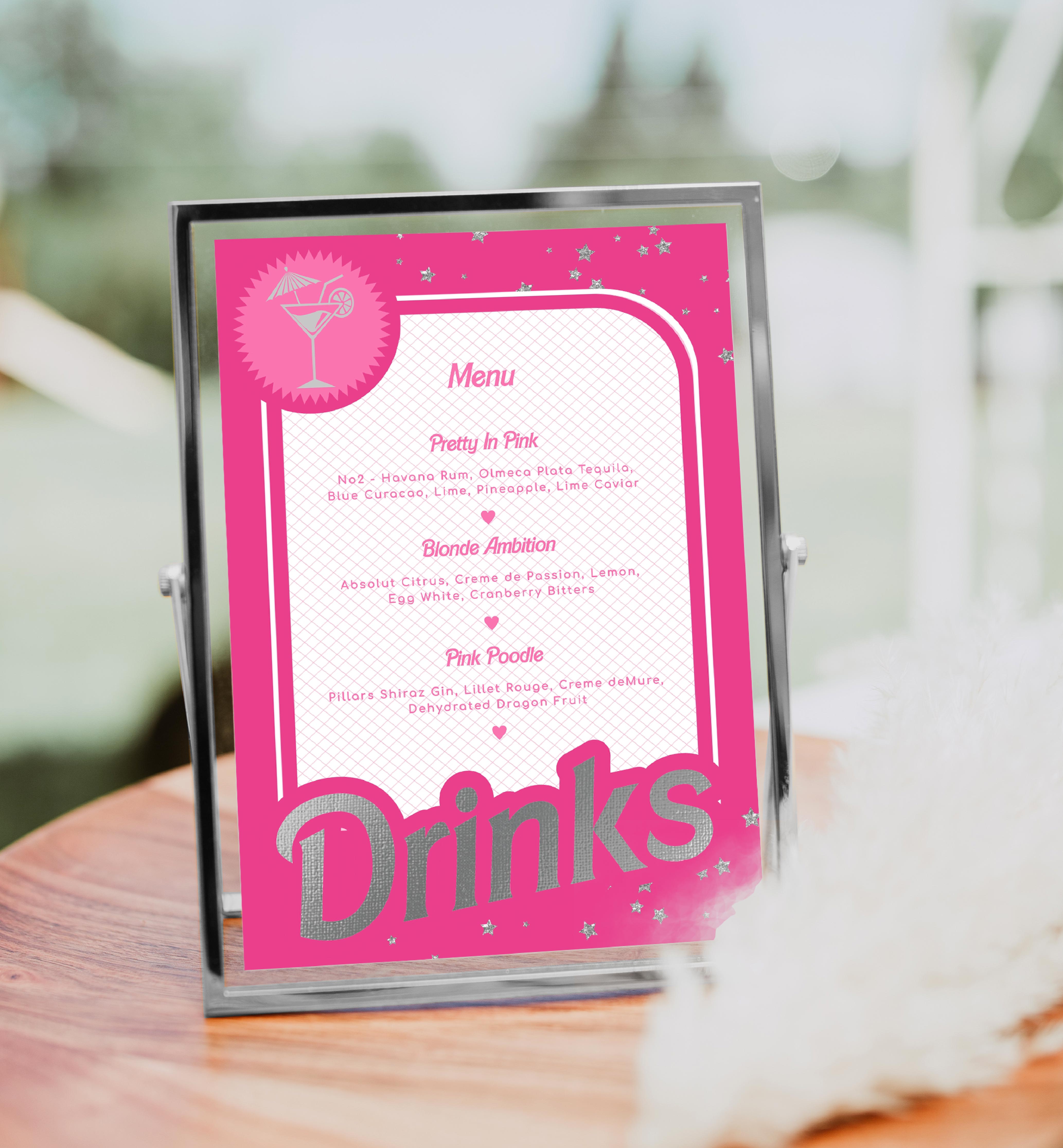Barbie Party Hot Pink Silver Printable Bar Menu Sign Template Black