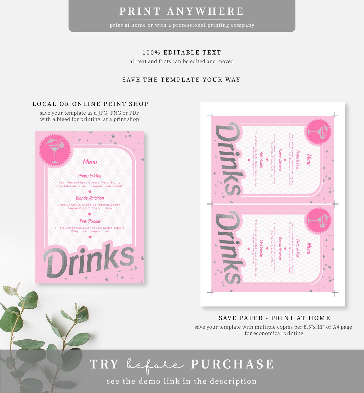 pink & beige catering logo | light pink barbie logo,... Barbie Party Pink Silver | Printable Drinks Bar Menu Sign Template ...