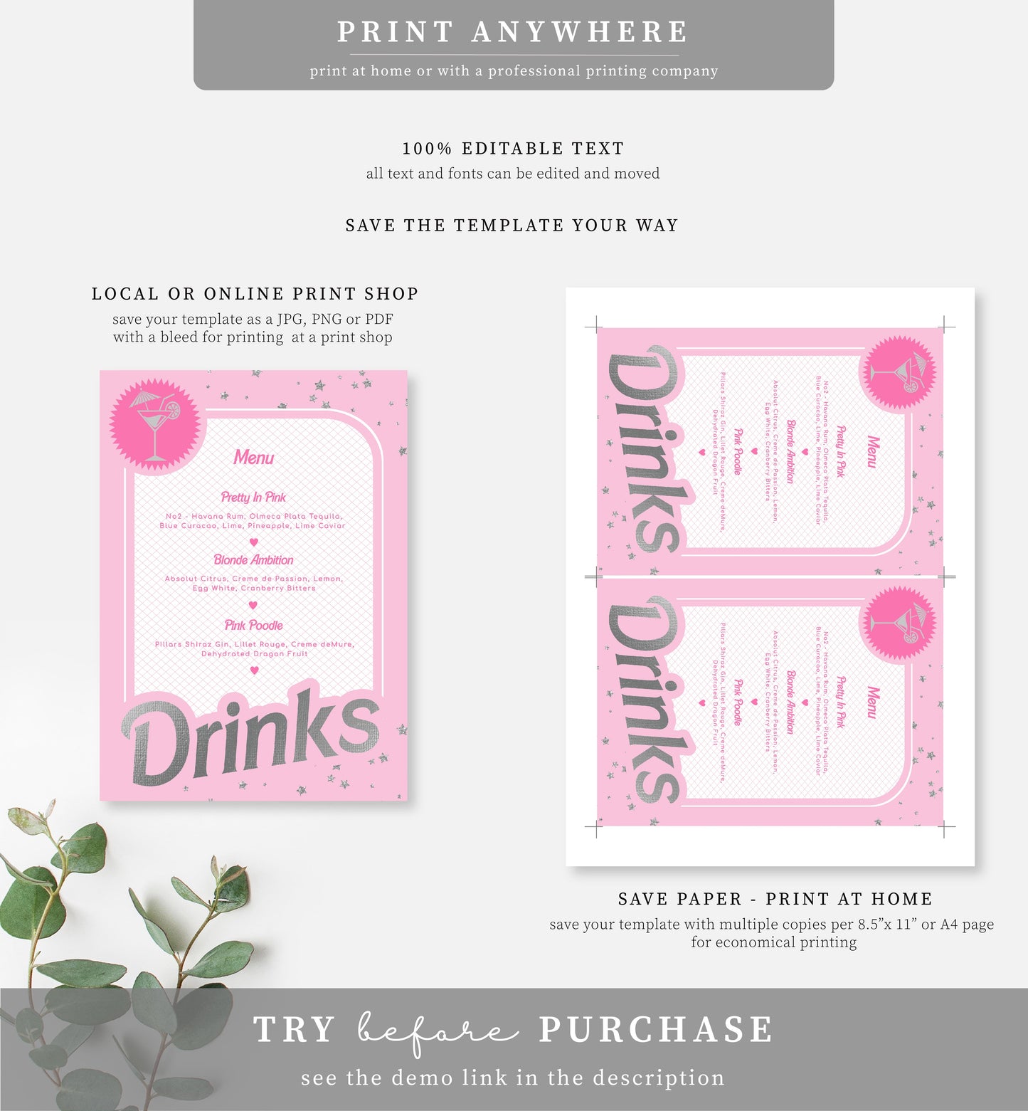 Barbie Party Pink Silver | Printable Drinks Bar Menu Sign Template