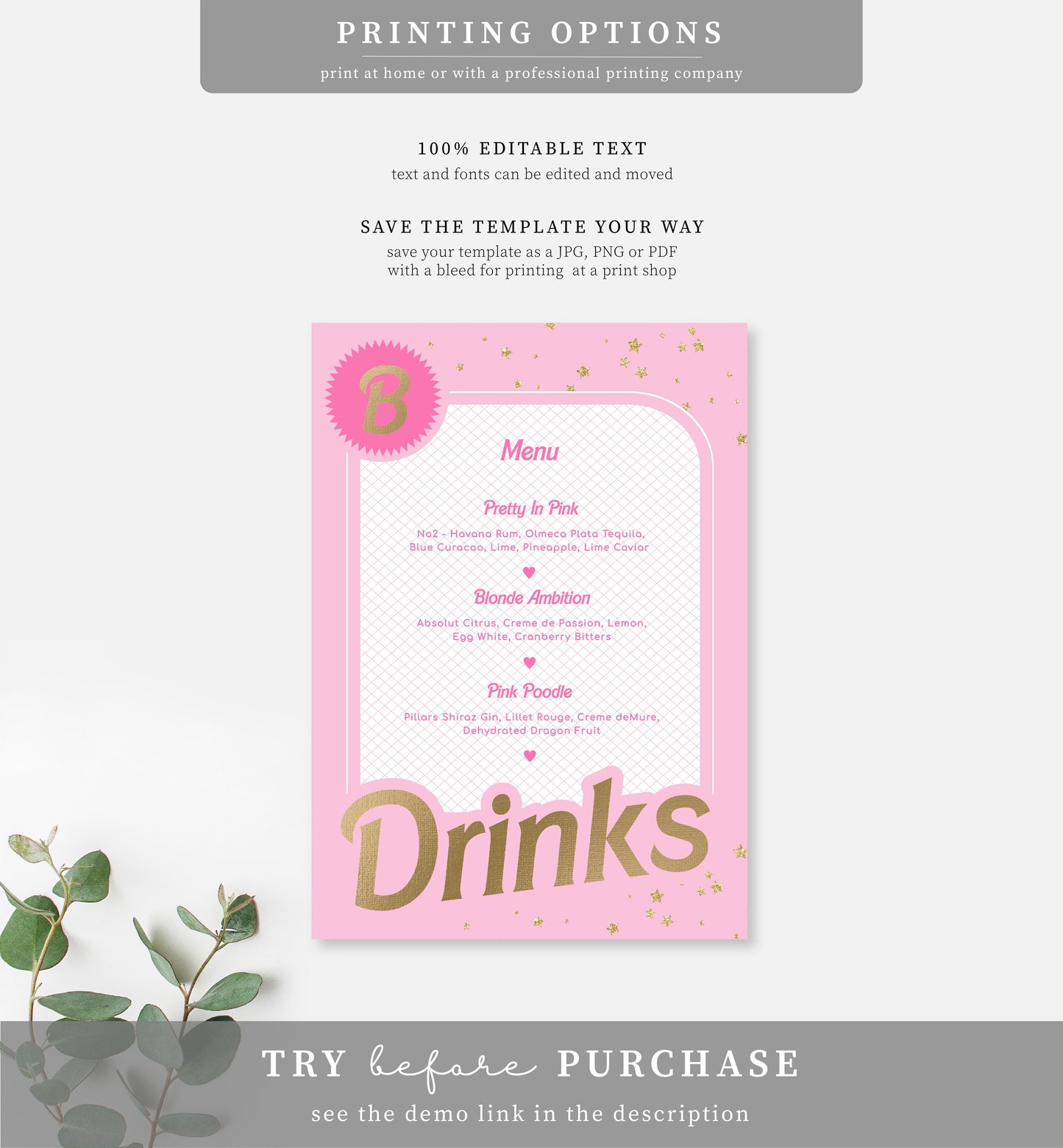 Barbie Party Pink Gold | Printable Bar Menu Sign Template - Black Bow Studio