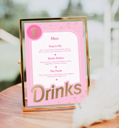 Barbie Party Pink Gold | Printable Bar Menu Sign Template - Black Bow Studio