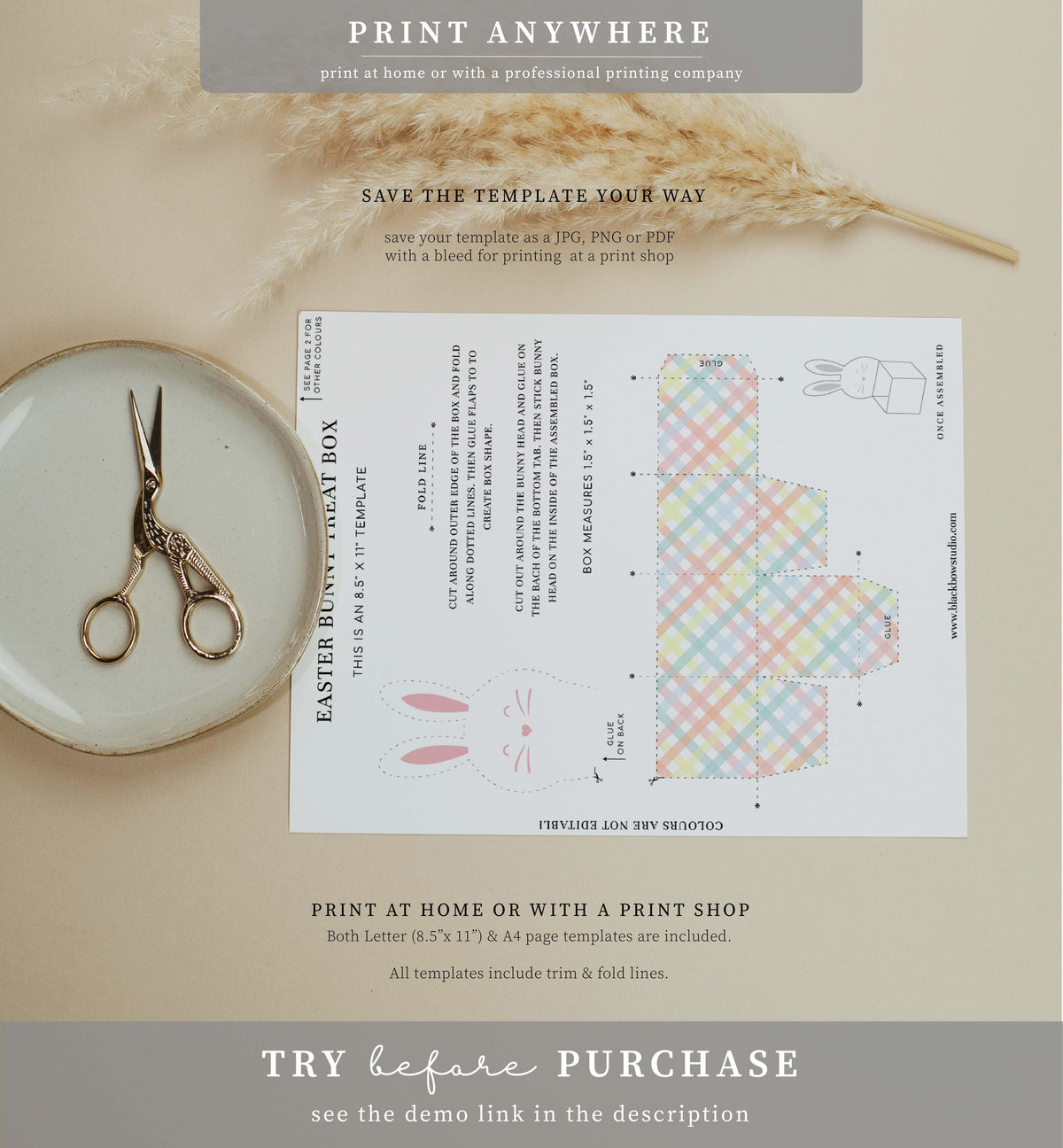 Gingham Multi | Printable Easter Bunny Box Template – Black Bow Studio