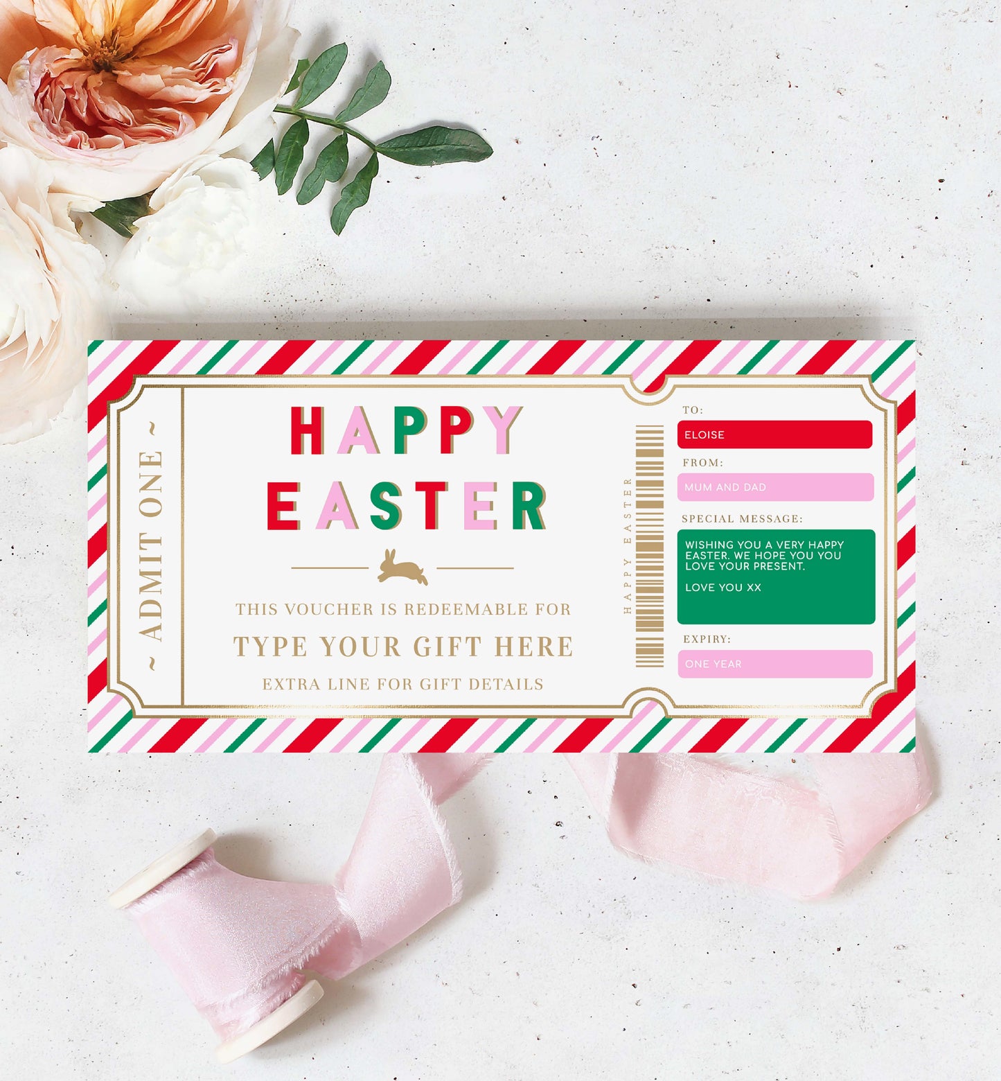 Easter Gift Voucher Template, Fully Custom Printable Gift Certificate Easter Present, Easter Gift Coupon, Alternative Easter Gift, Stripe