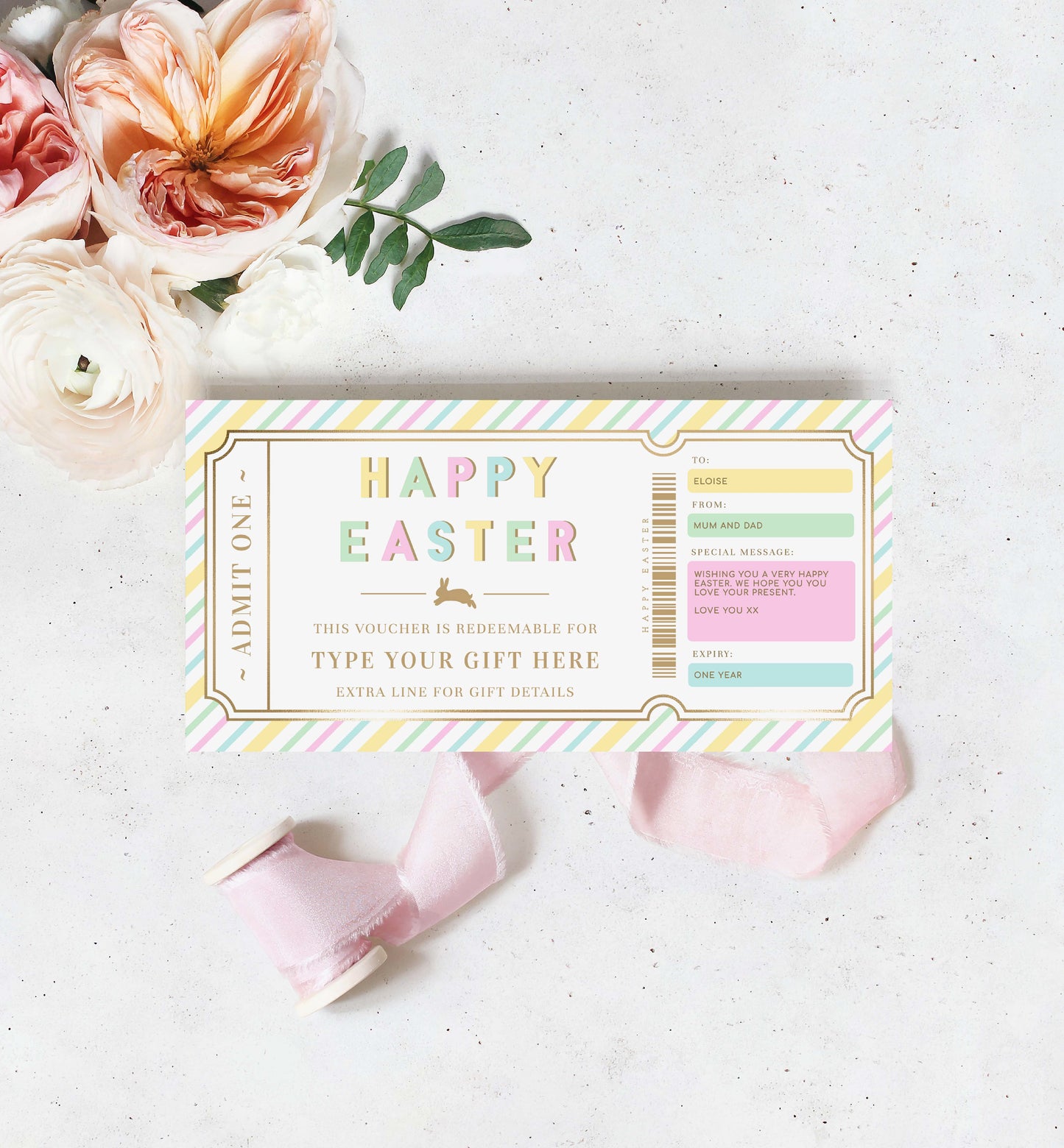 Easter Gift Voucher Template, Fully Custom Printable Gift Certificate Easter Present, Easter Gift Coupon, Alternative Easter Gift, Stripe