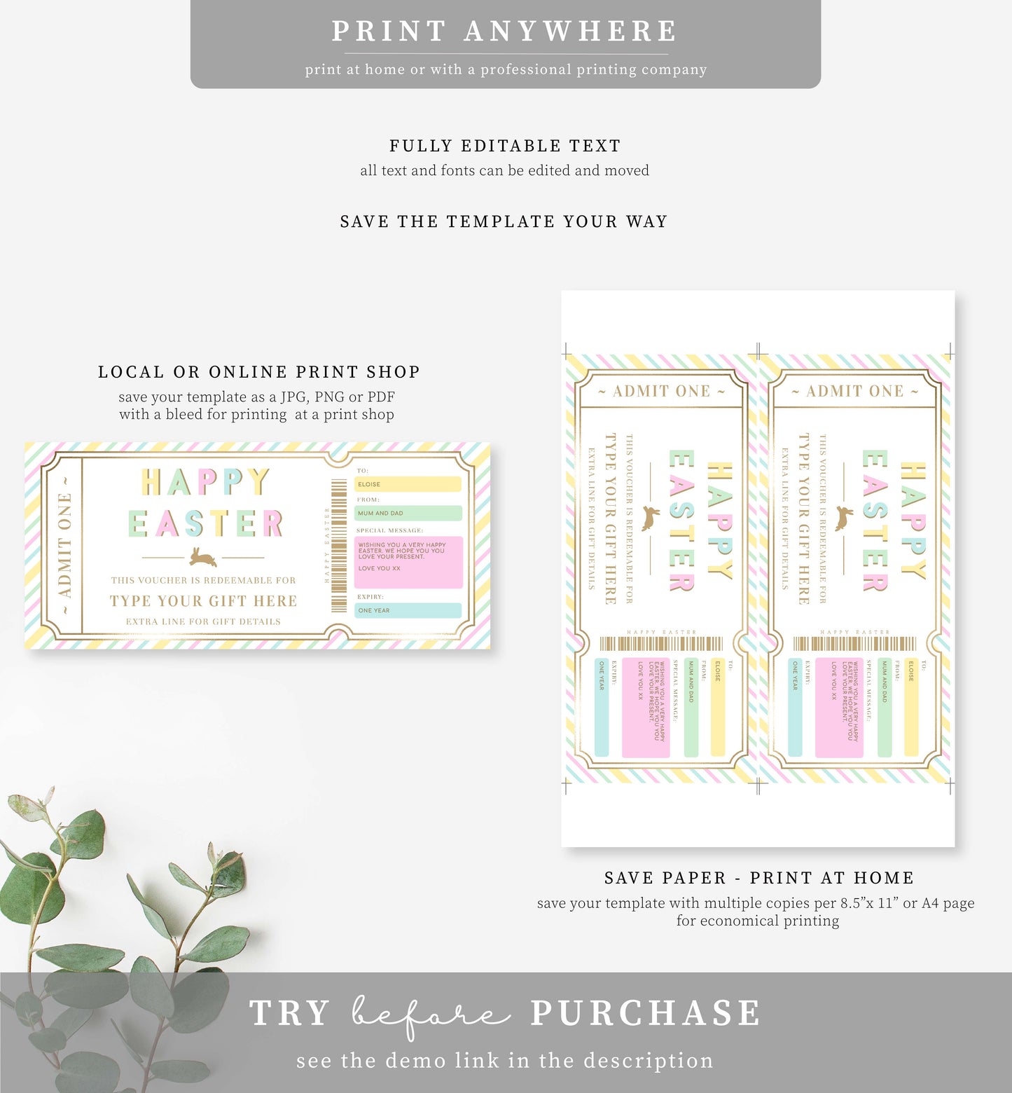 Stripe Pastel Multi | Printable Easter Custom Gift Voucher Template