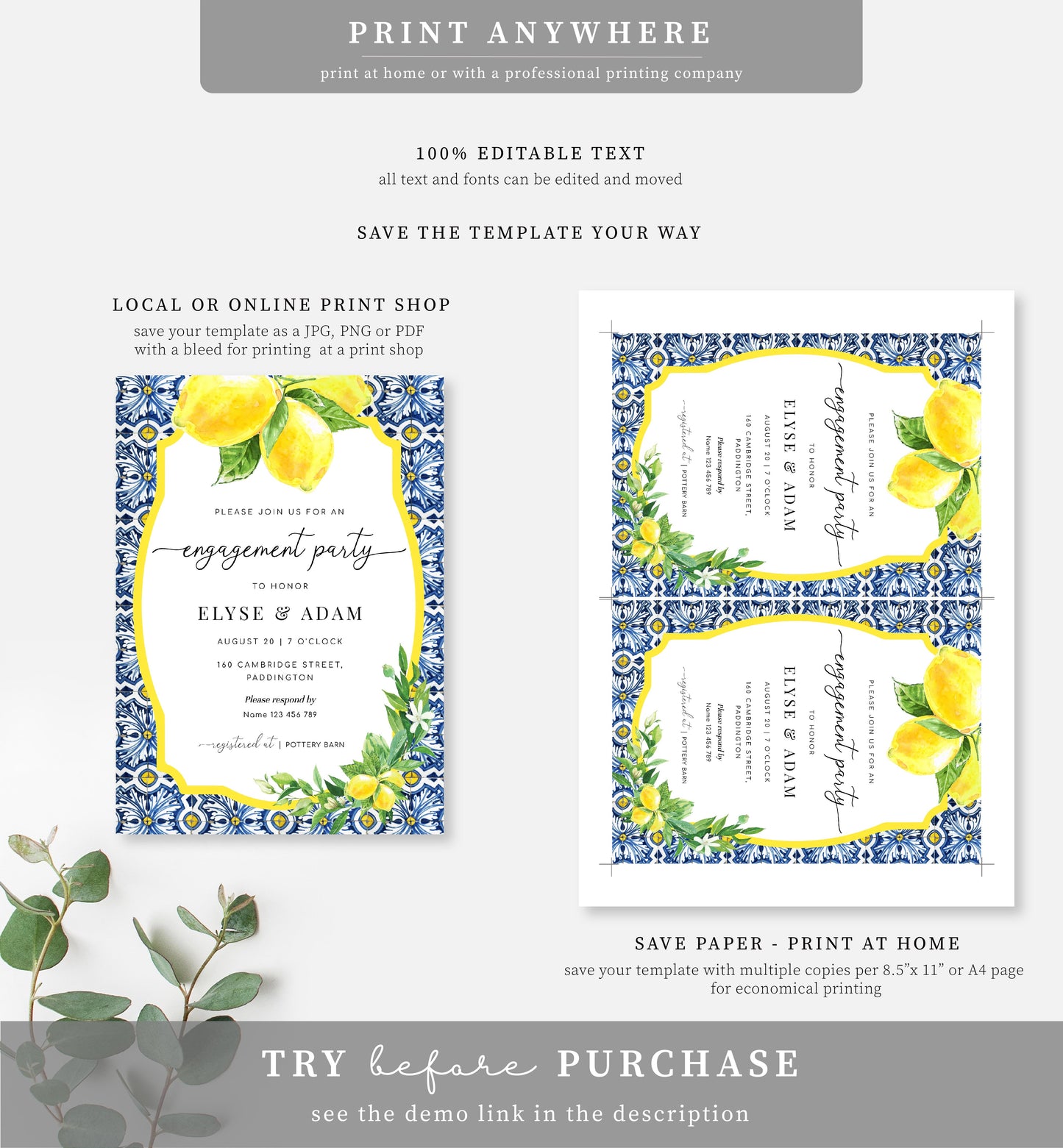 Positano Lemons | Printable Engagement Invitation Template