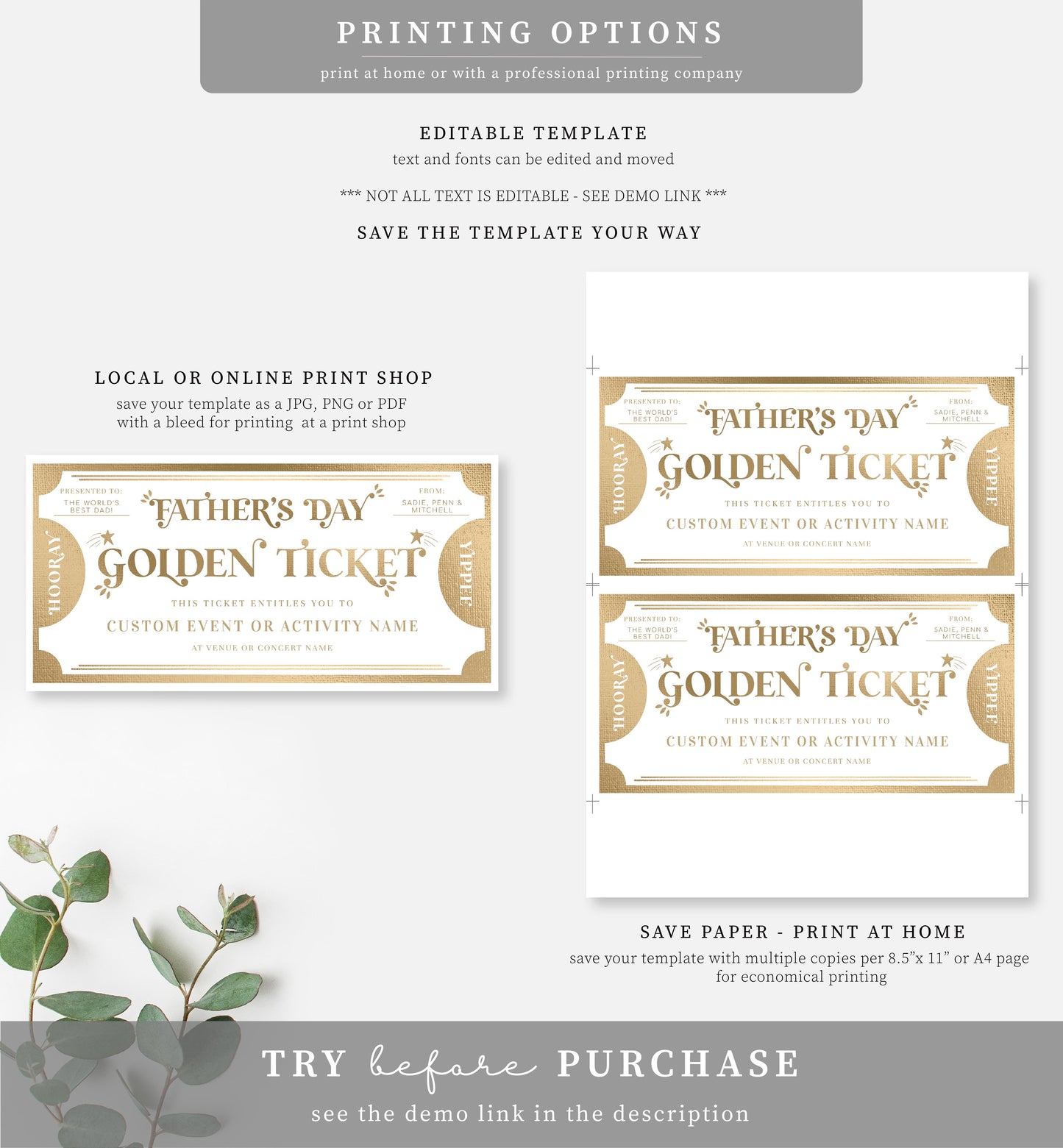 Golden Ticket Gold | Printable Father's Day Custom Gift Voucher Template