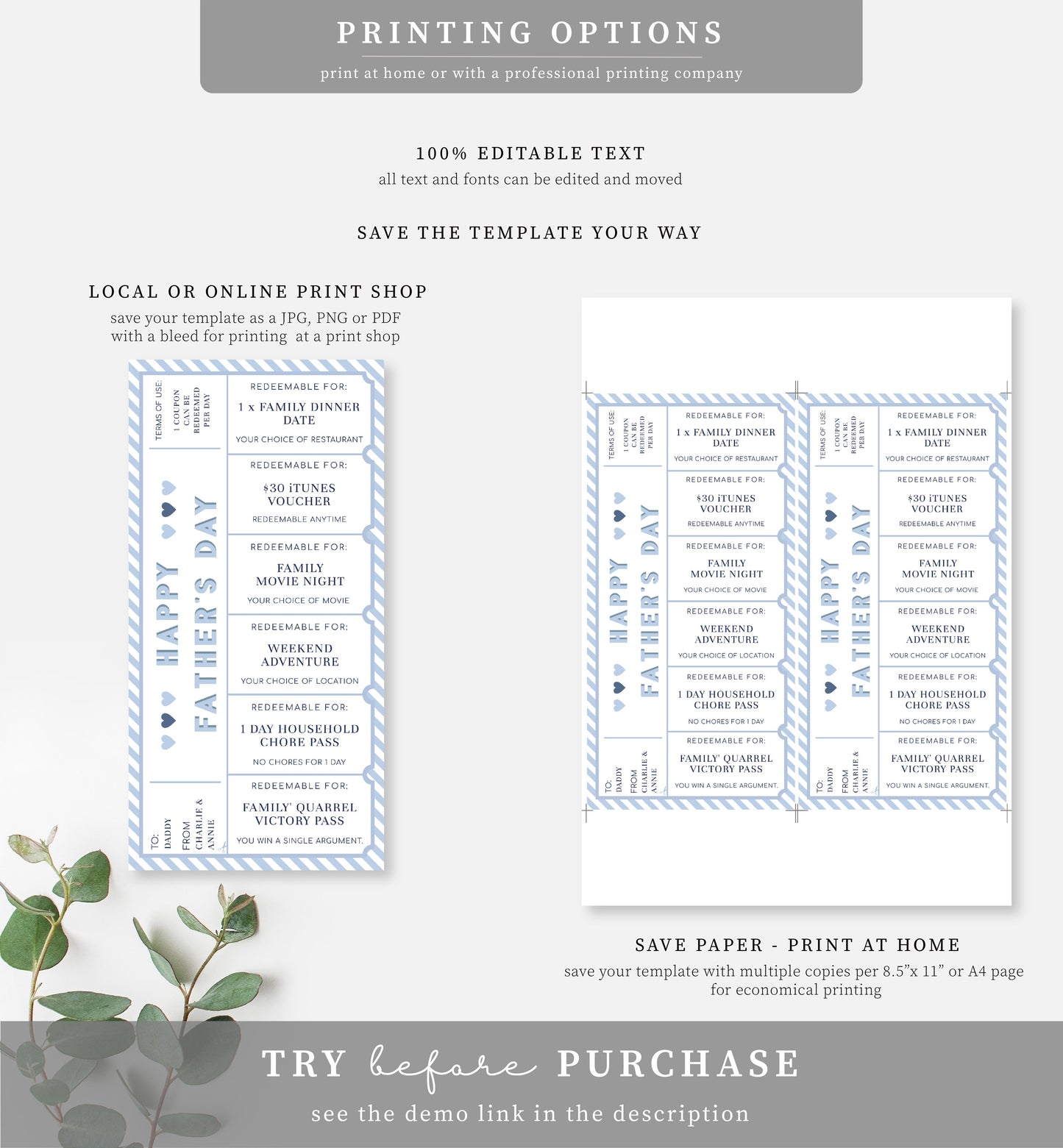 Stripe Blue White | Printable Father's Day Custom Love Coupons