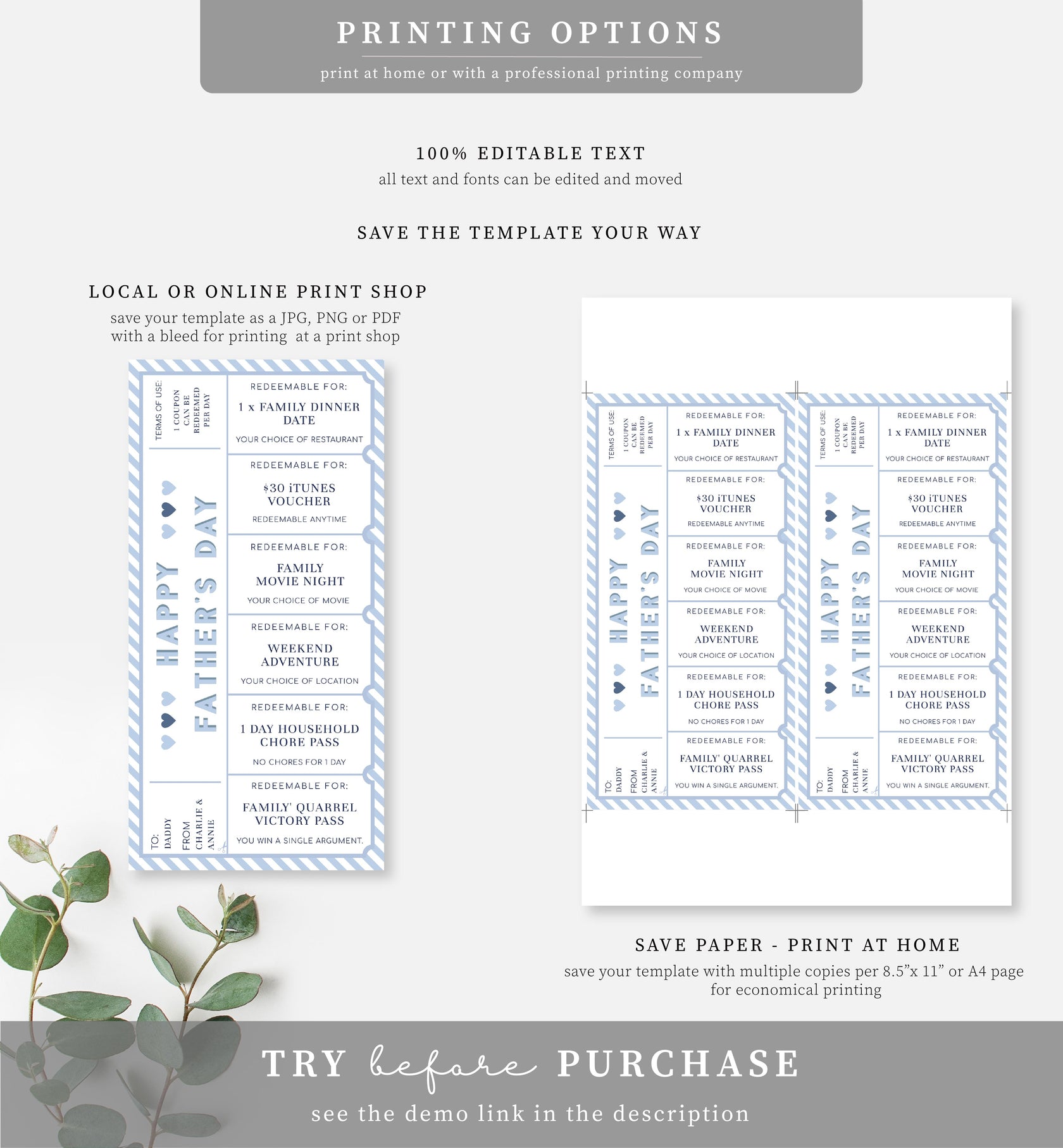 Stripe Blue White | Printable Father's Day Custom Love Coupons – Black ...