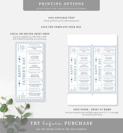 Stripe Blue White | Printable Father's Day Custom Love Coupons
