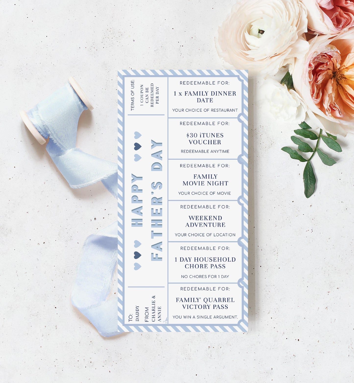 Stripe Blue White | Printable Father's Day Custom Love Coupons