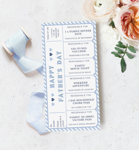 Stripe Blue White | Printable Father's Day Custom Love Coupons