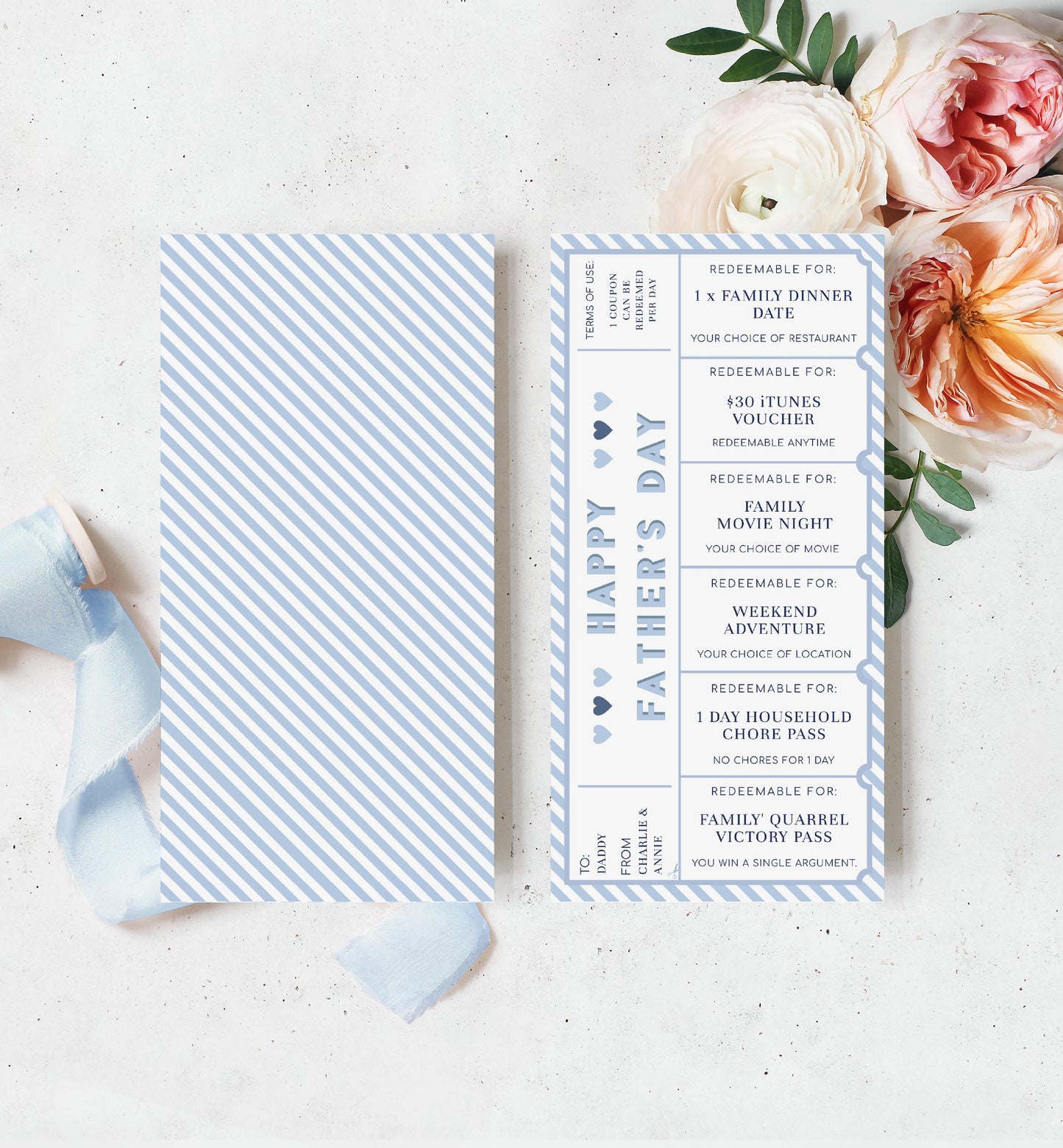 Stripe Blue White | Printable Father's Day Custom Love Coupons