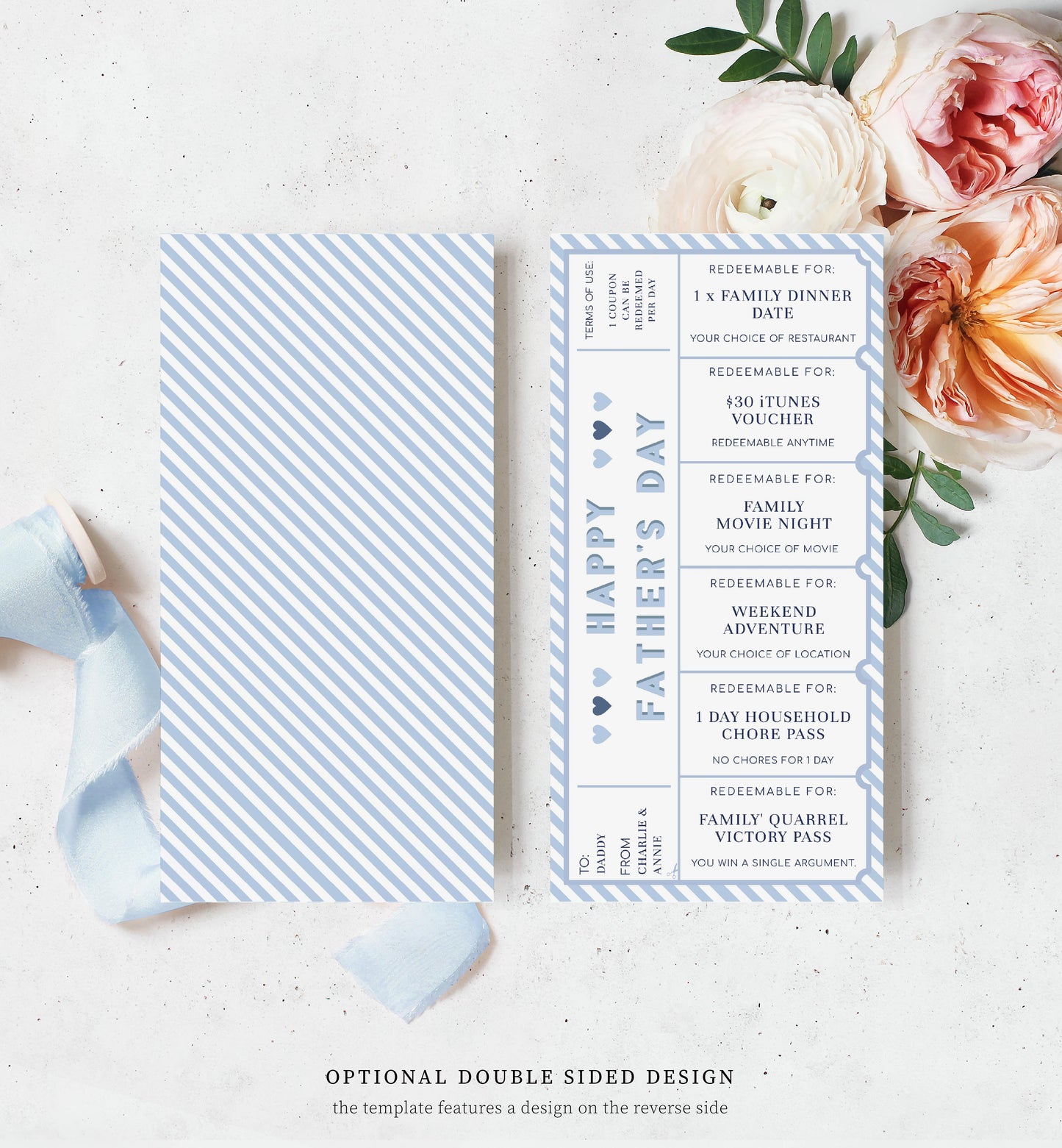 Stripe Blue White | Printable Father's Day Custom Love Coupons