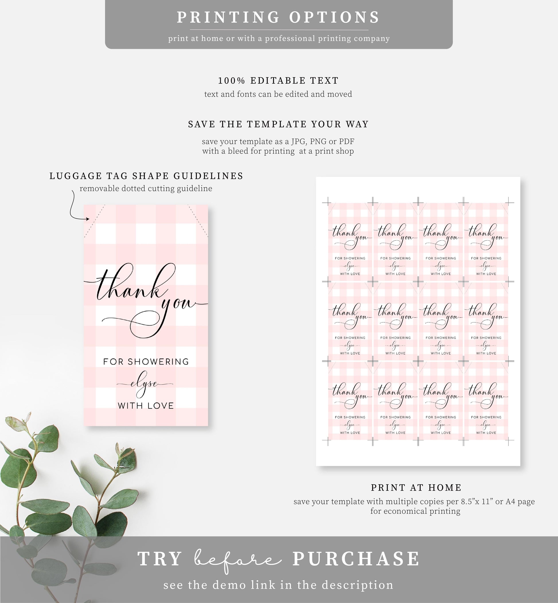 Gingham Pink | Printable Favour Tags - Black Bow Studio