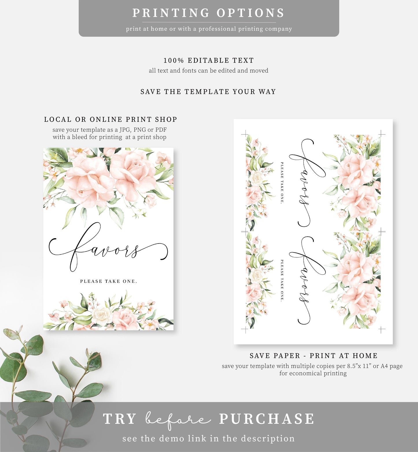 Pemberley Floral Pink | Printable Favours Sign Template