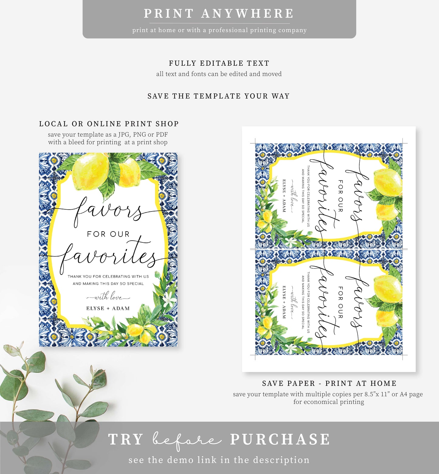 Positano Lemons | Printable Favours Sign Template