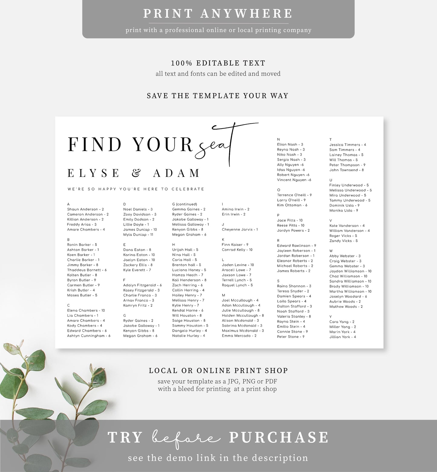 Estelle White | Printable Find Your Seat Alphabetical Seating Chart