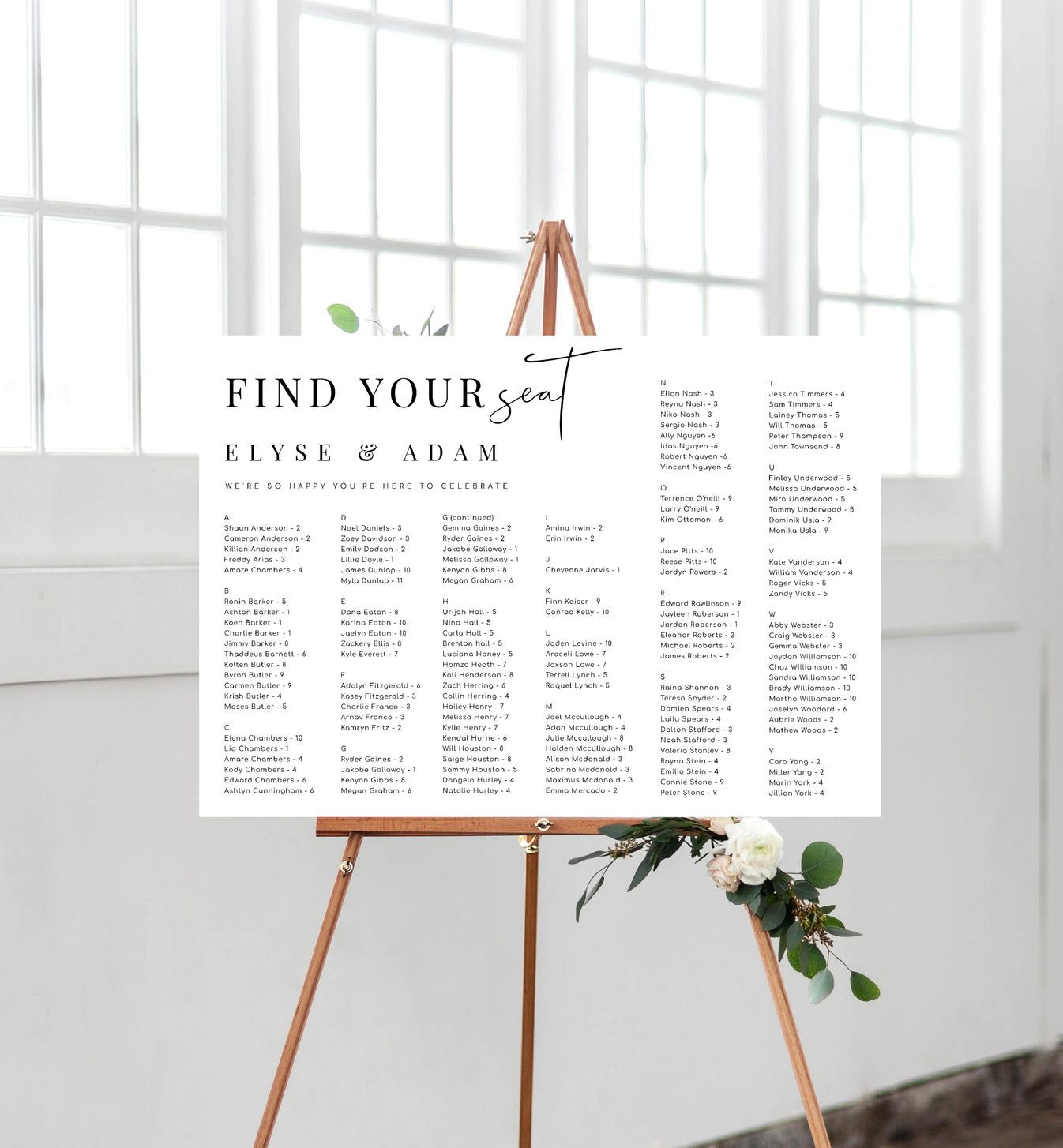 Estelle White Printable Find Your Seat Alphabetical Seating Chart