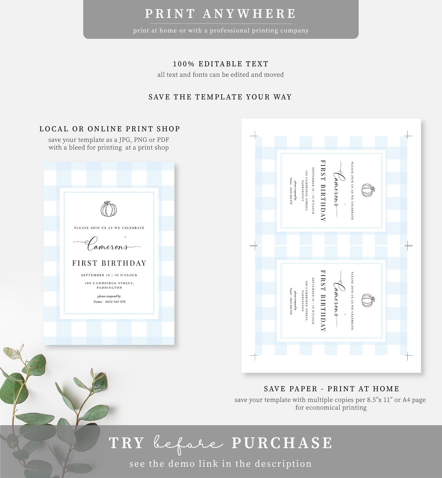 Gingham Blue Pumpkin | Printable Birthday Invitation