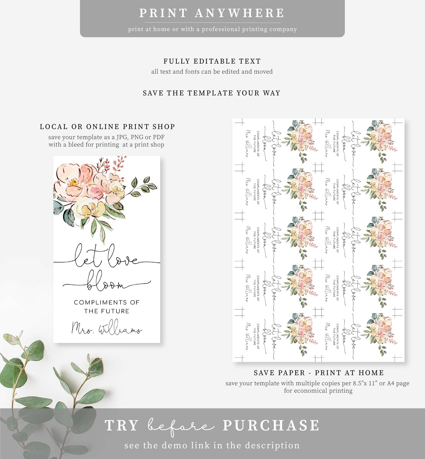 Cambridge Floral Multi | Printable Let Love Bloom Favour Tags Template