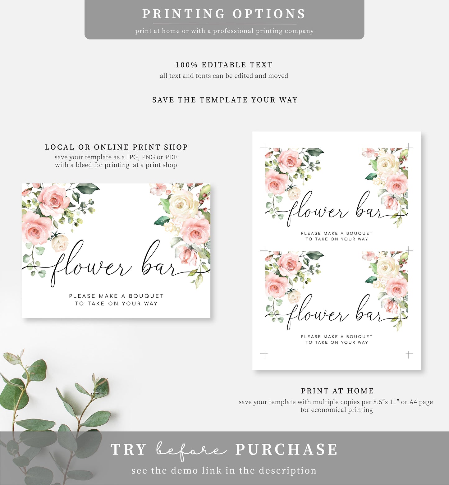 Darcy Floral Pink | Printable Flower Bar Sign Template