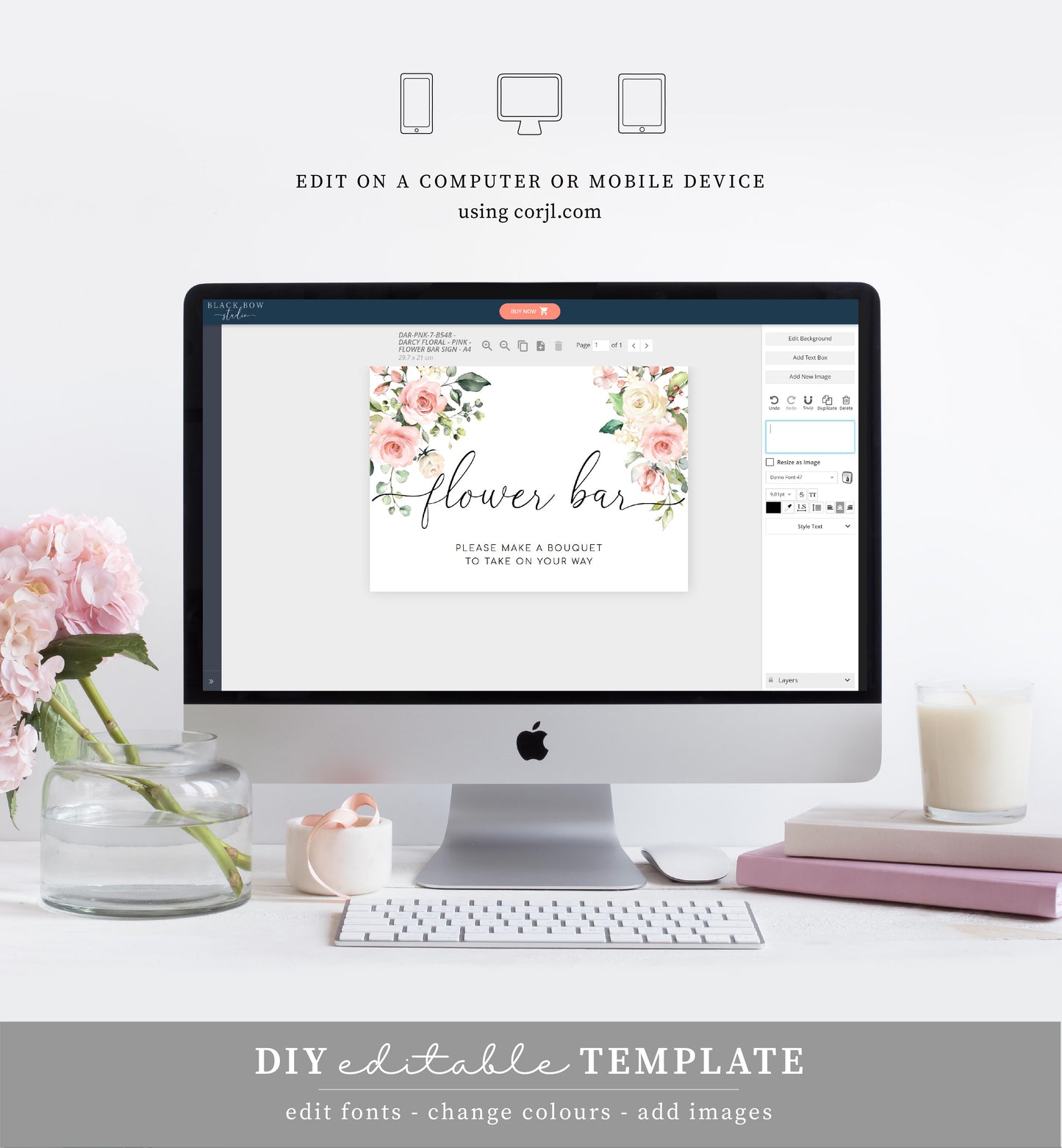Darcy Floral Pink | Printable Flower Bar Sign Template