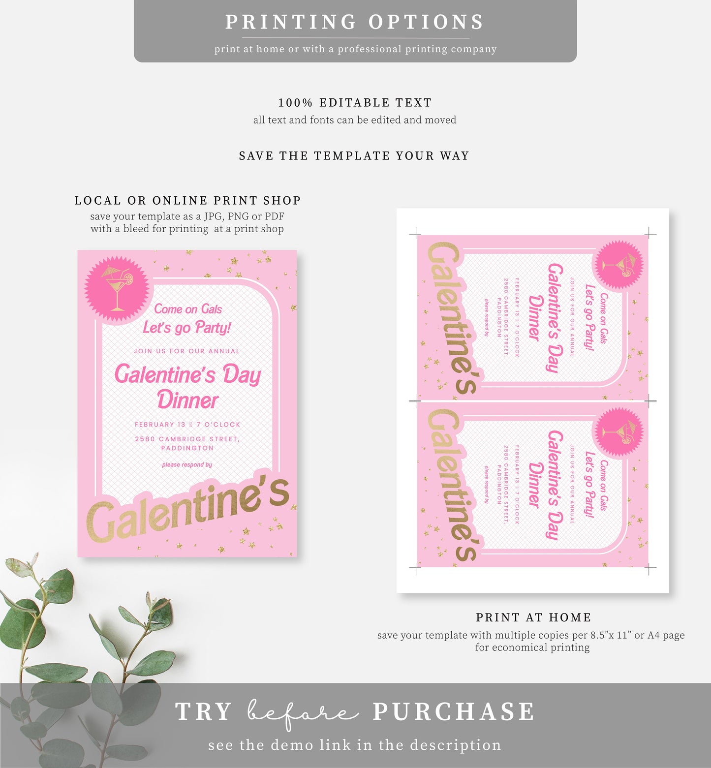 Barbie Party Pink Gold | Printable Galentine's Day Invitation Template