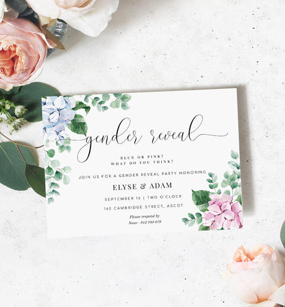 Ferras Blossom Pink Blue | Printable Gender Reveal Invitation Template