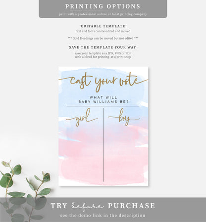 Watercolour Pink Blue | Printable Gender Reveal Voting Game Sign Template