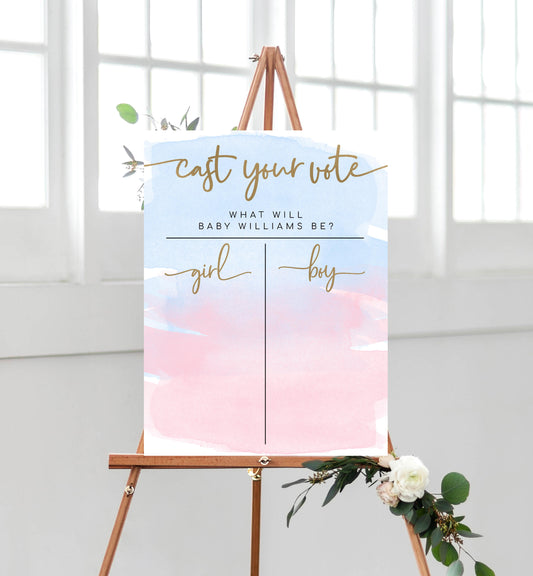 Watercolour Pink Blue | Printable Gender Reveal Voting Game Sign