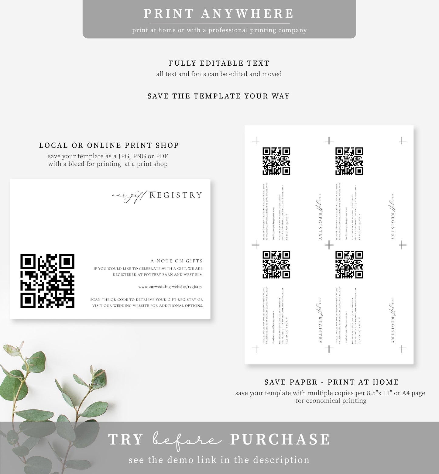 Ellesmere White | Printable QR Code Gift Registry Card Template