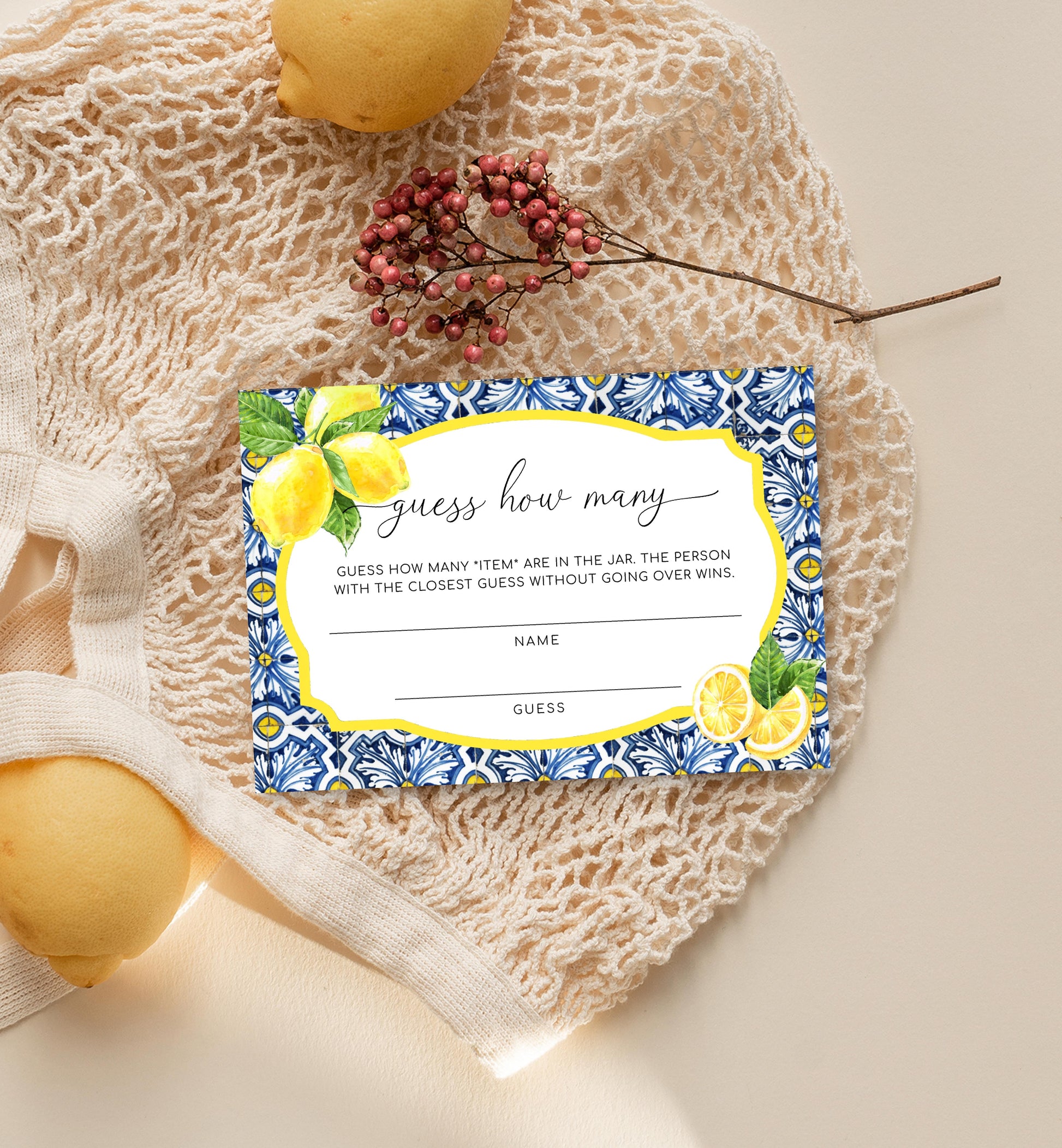 Guess How Many Lemon Drops Game Card and Sign Bundle, Positano Blue Tile Lemons Printable Guess How Many In The Jar Game Sign