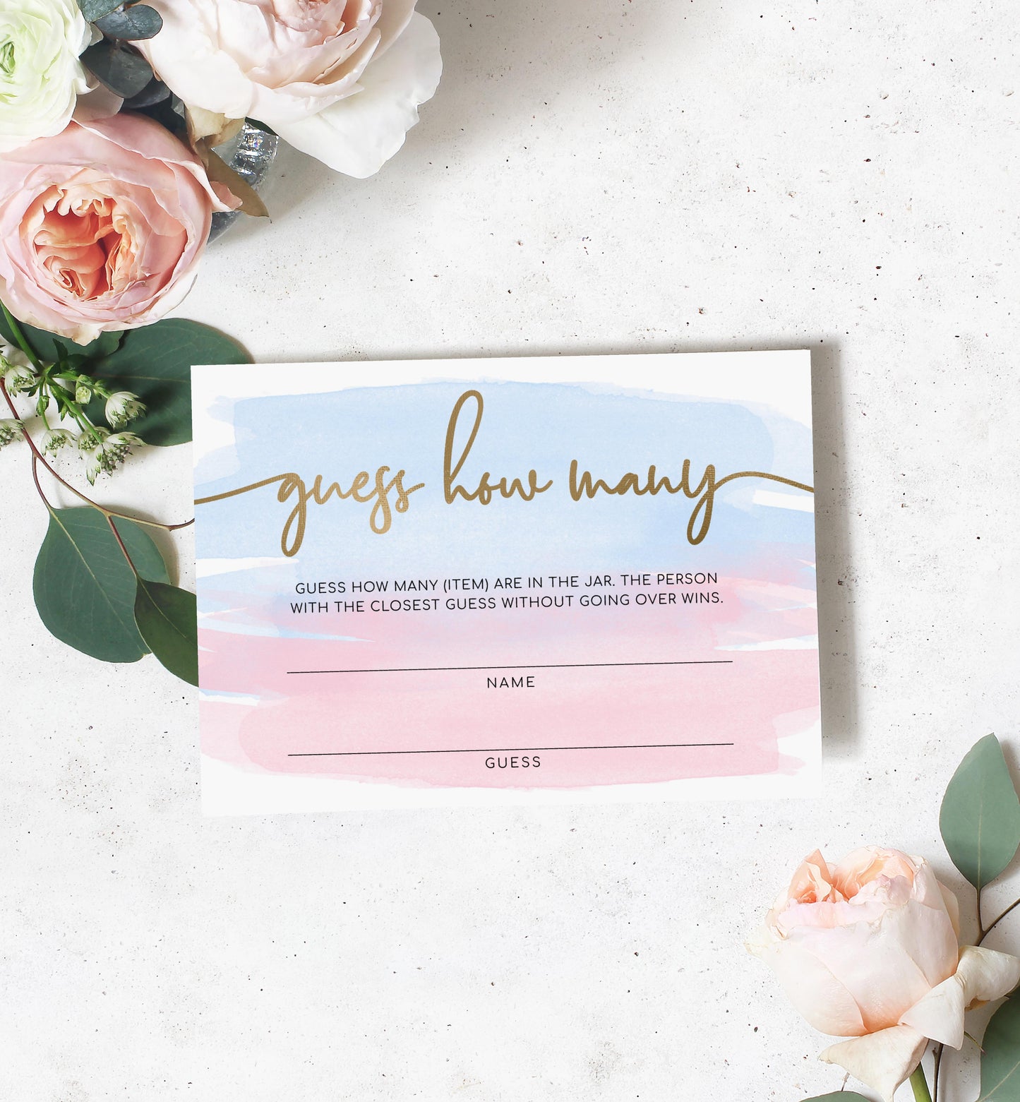 Watercolour Pink Blue Gold | Printable Guess How Many Game Sign