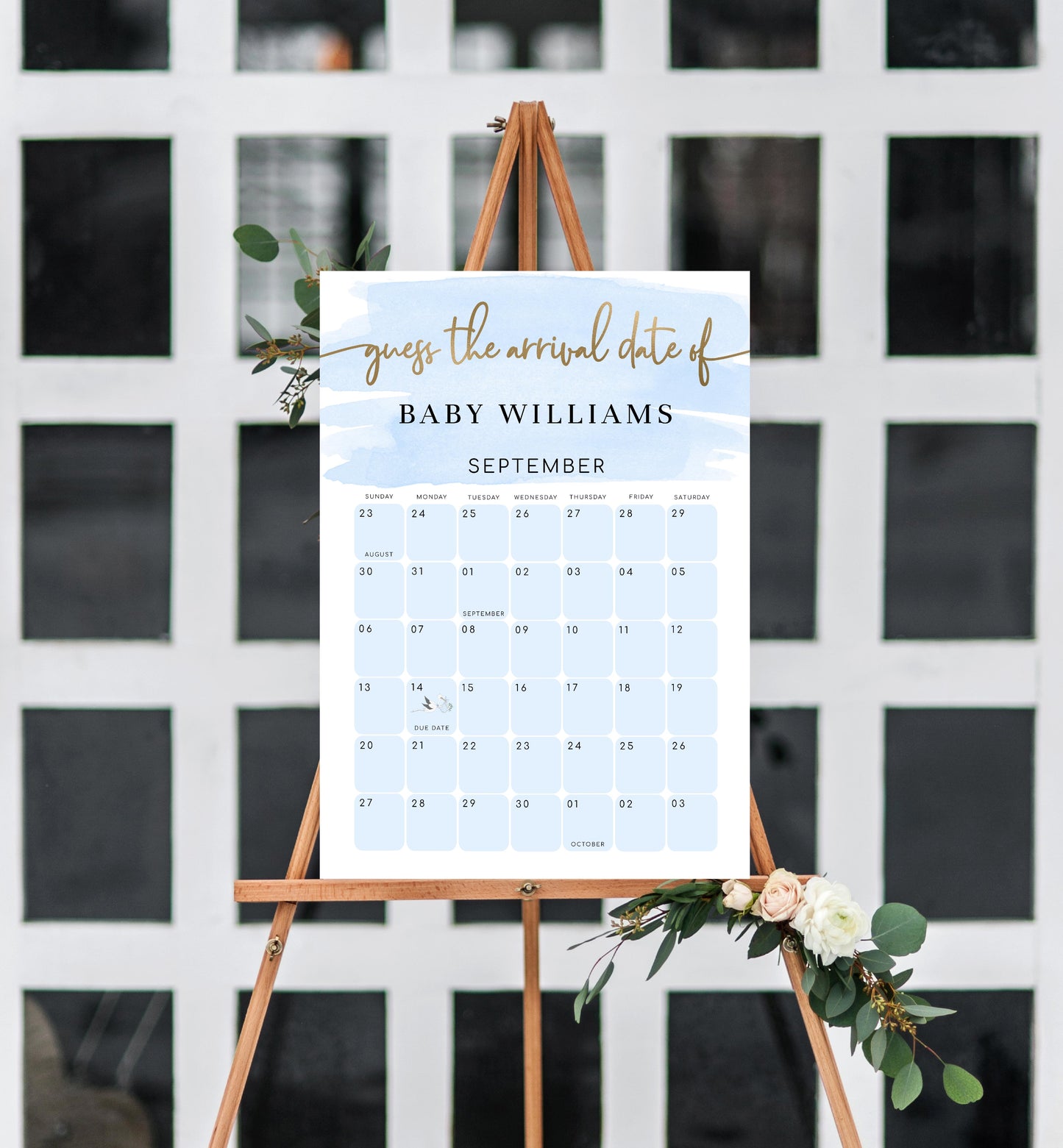 Watercolour Blue | Printable Arrival Date Baby Shower Game Sign