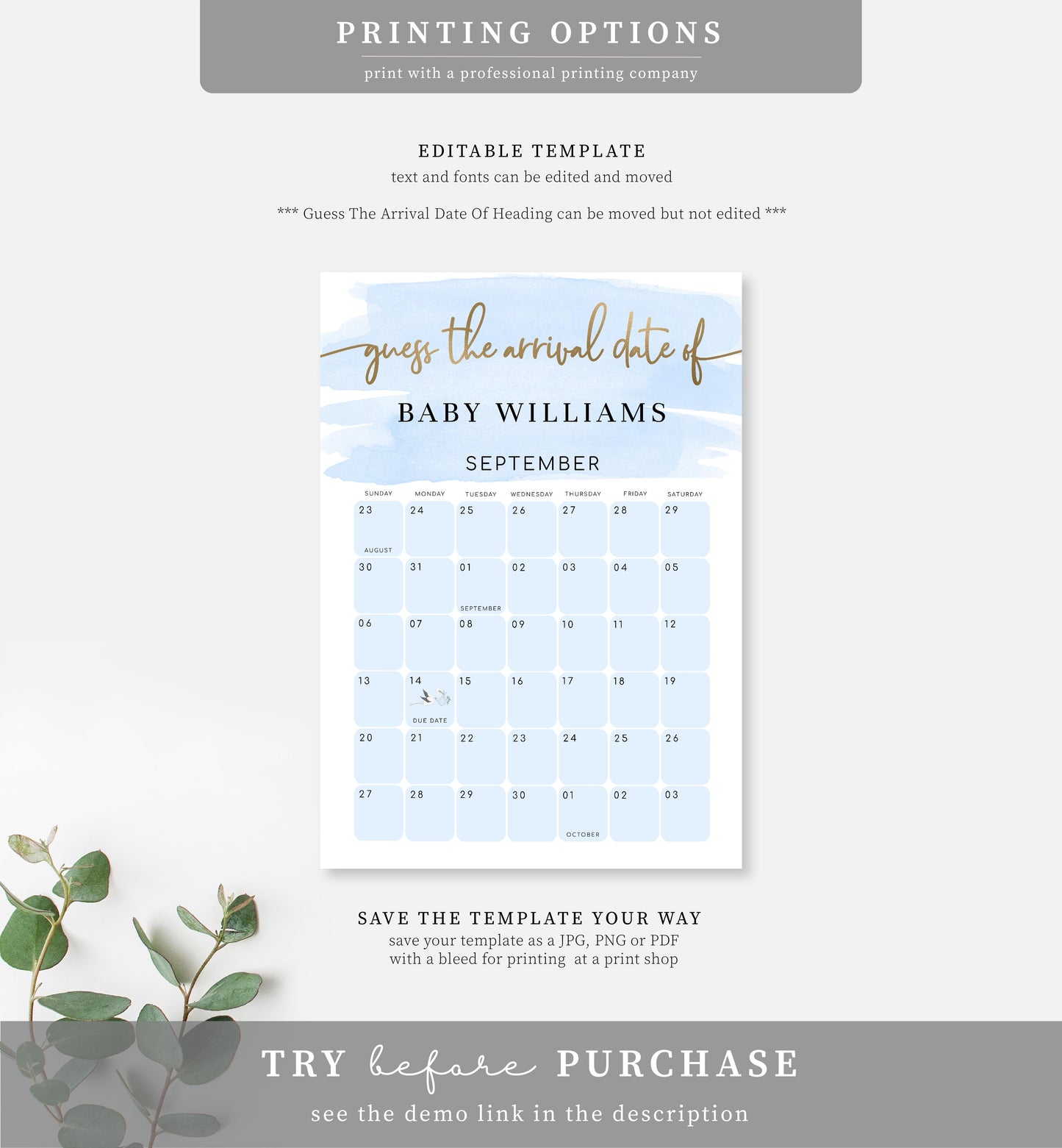 Watercolour Blue | Printable Arrival Date Baby Shower Game Sign
