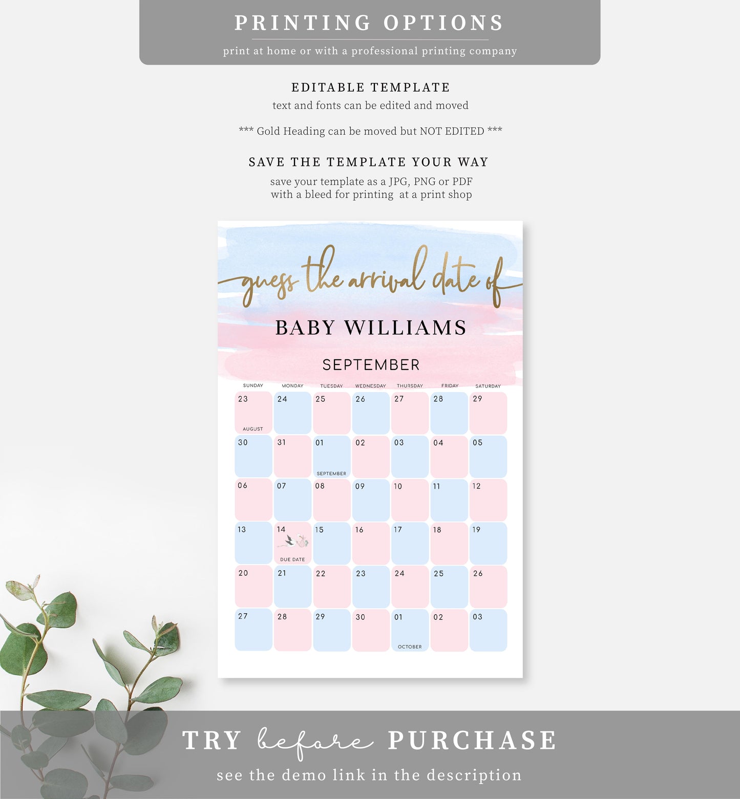 Watercolour Pink Blue | Printable Arrival Date Baby Shower Game Sign