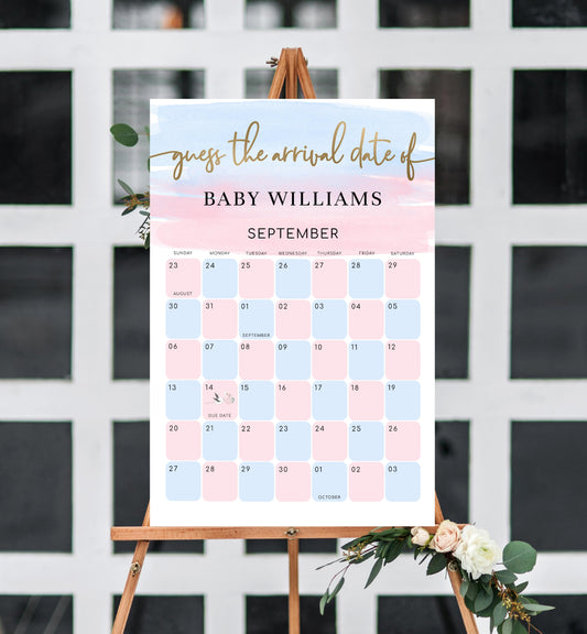 Watercolour Pink Blue | Printable Arrival Date Baby Shower Game Sign