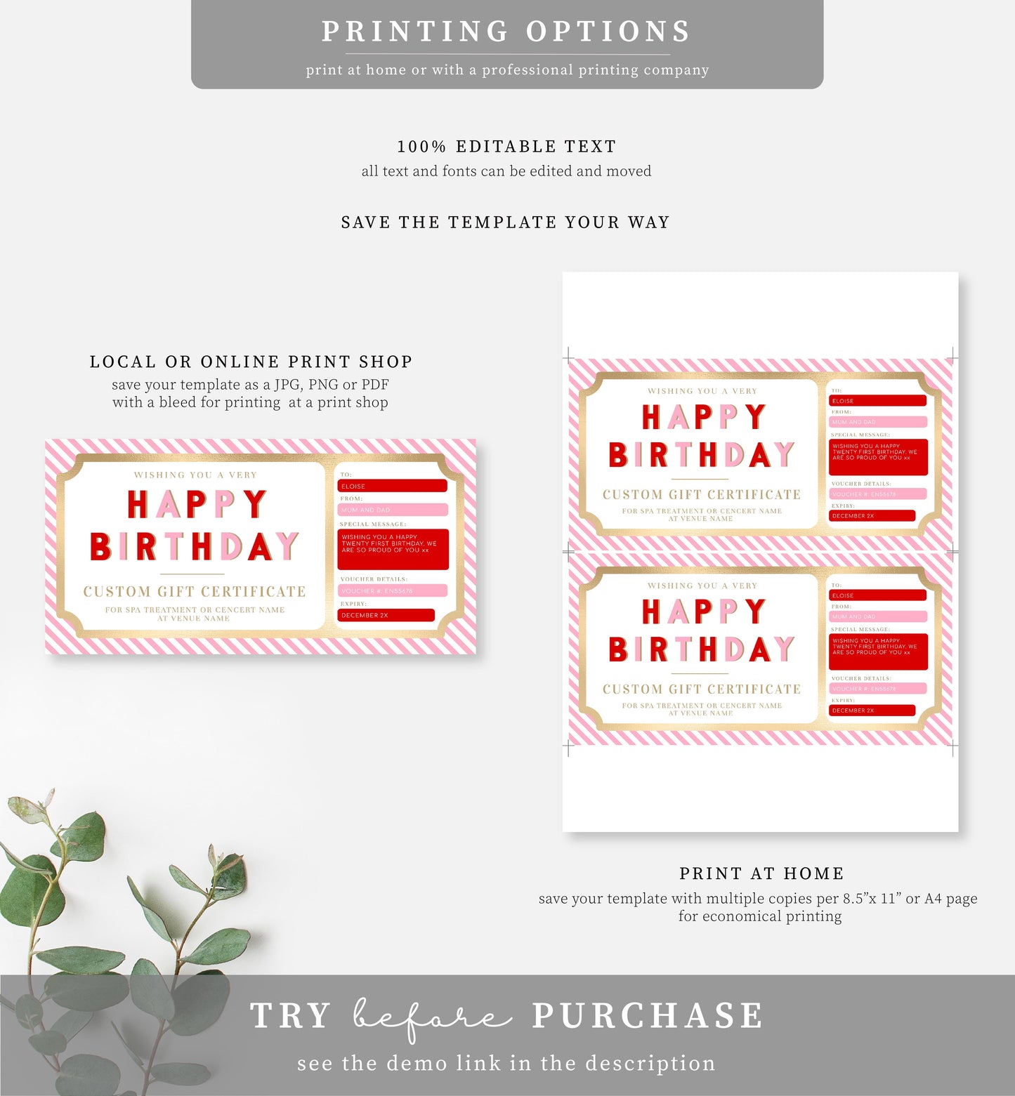 Stripe Red Pink | Printable Custom Gift Voucher