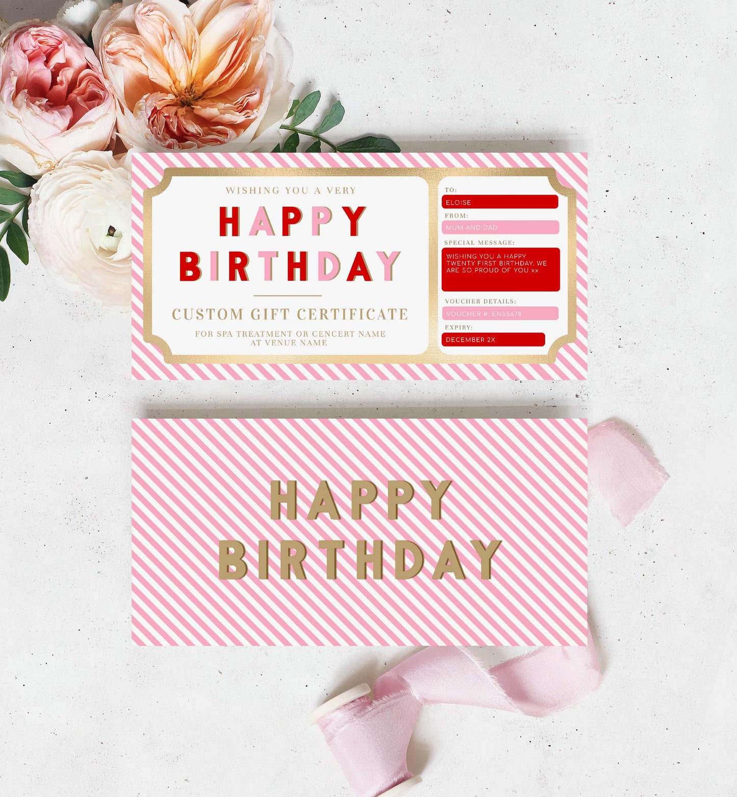 Stripe Red Pink | Printable Custom Gift Voucher