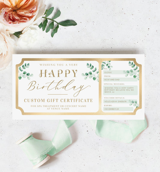 Ferras Blossom Greenery | Printable Birthday Custom Gift Voucher Template