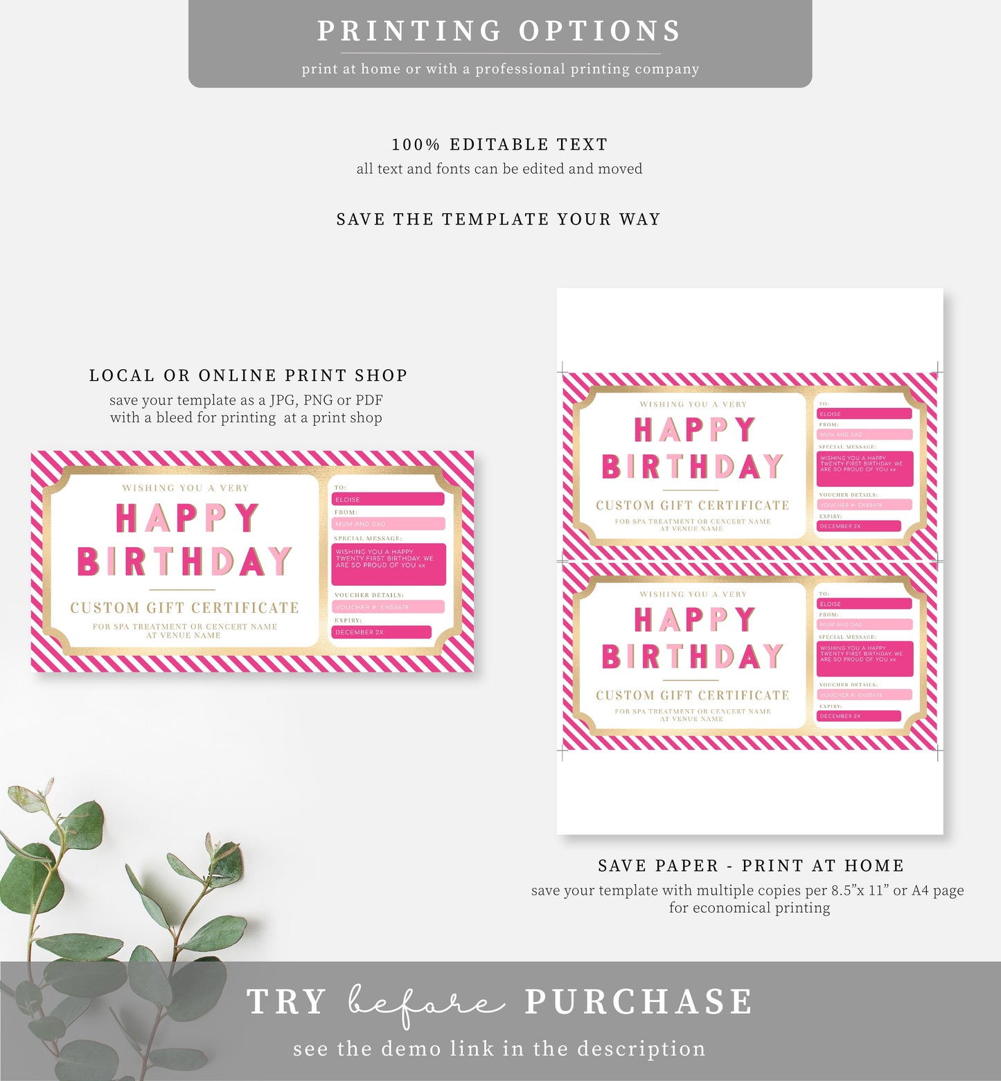 Stripe Hot Pink | Printable Custom Gift Voucher